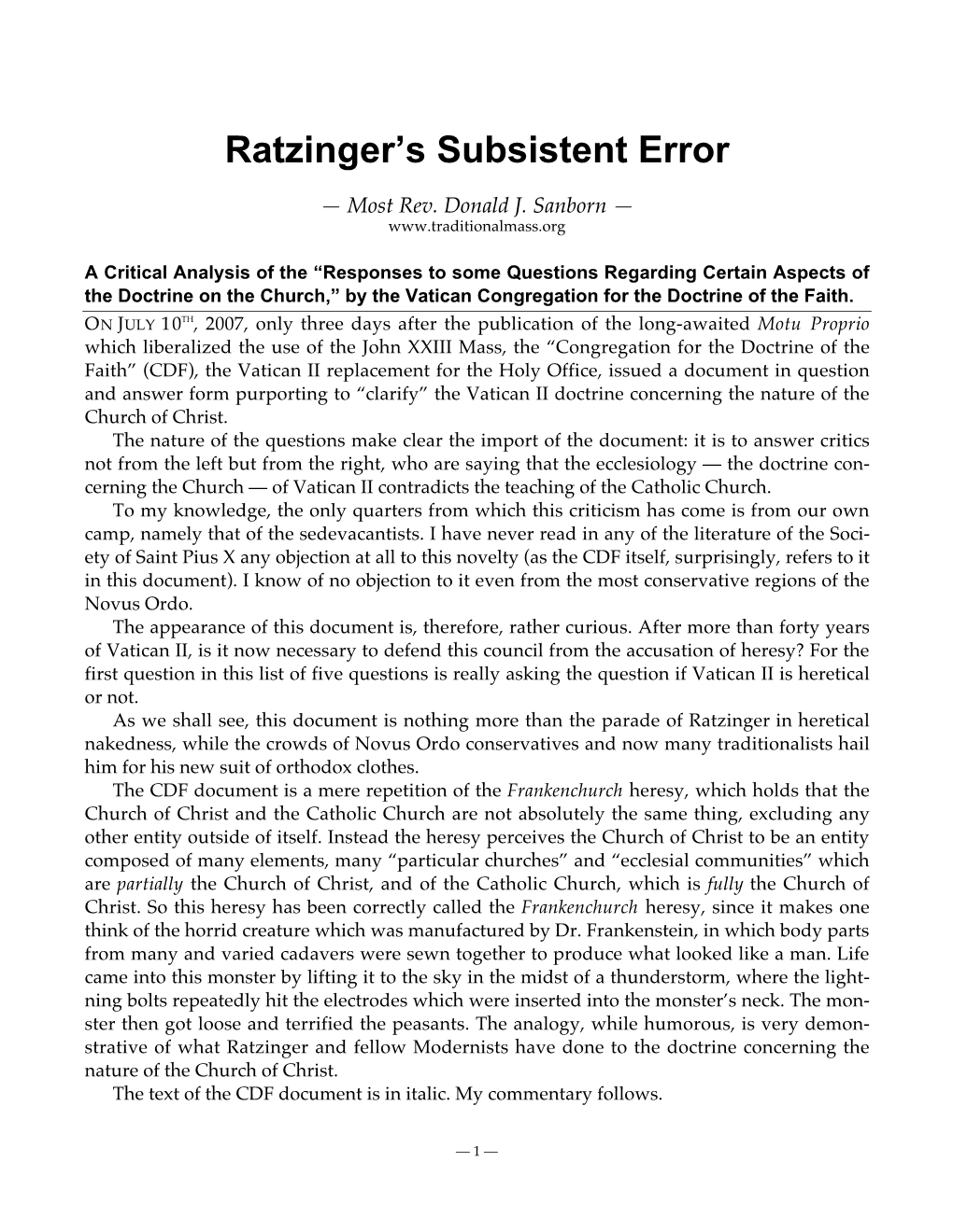 Ratzinger's Subsistent Error