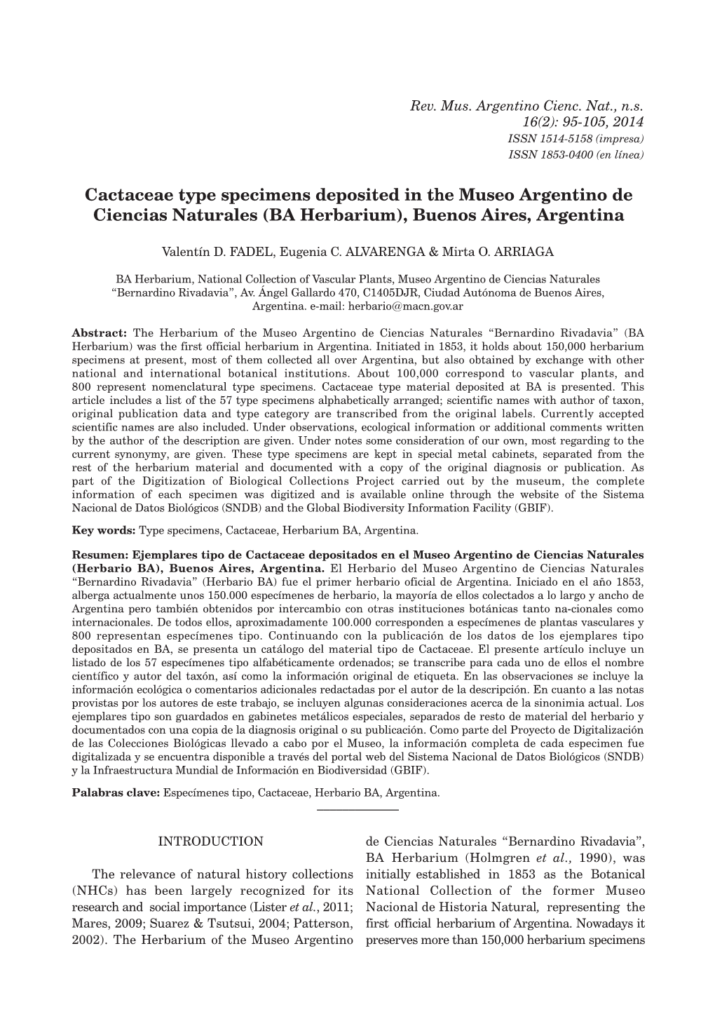 Cactaceae Type Specimens Deposited in the Museo Argentino De Ciencias