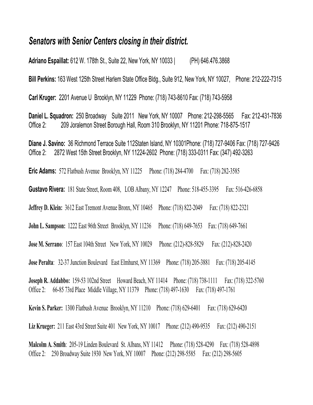 Senators with Senior Centers Closing in Their District