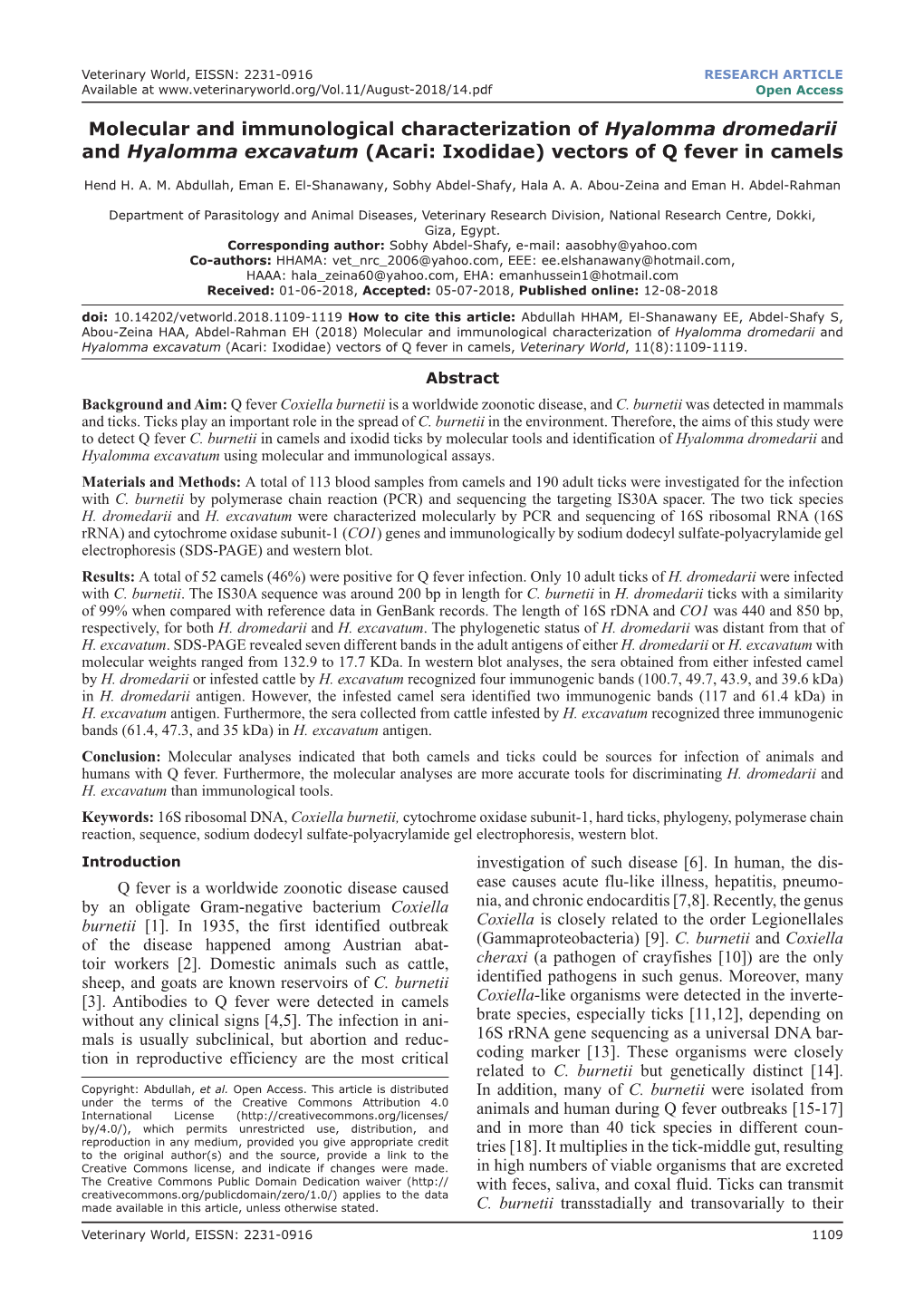 Molecular and Immunological Characterization of Hyalomma Dromedarii and Hyalomma Excavatum (Acari: Ixodidae) Vectors of Q Fever in Camels