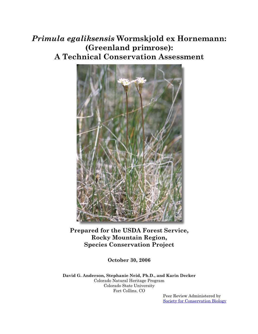 Primula Egaliksensis Wormskjold Ex Hornemann: (Greenland Primrose): a Technical Conservation Assessment