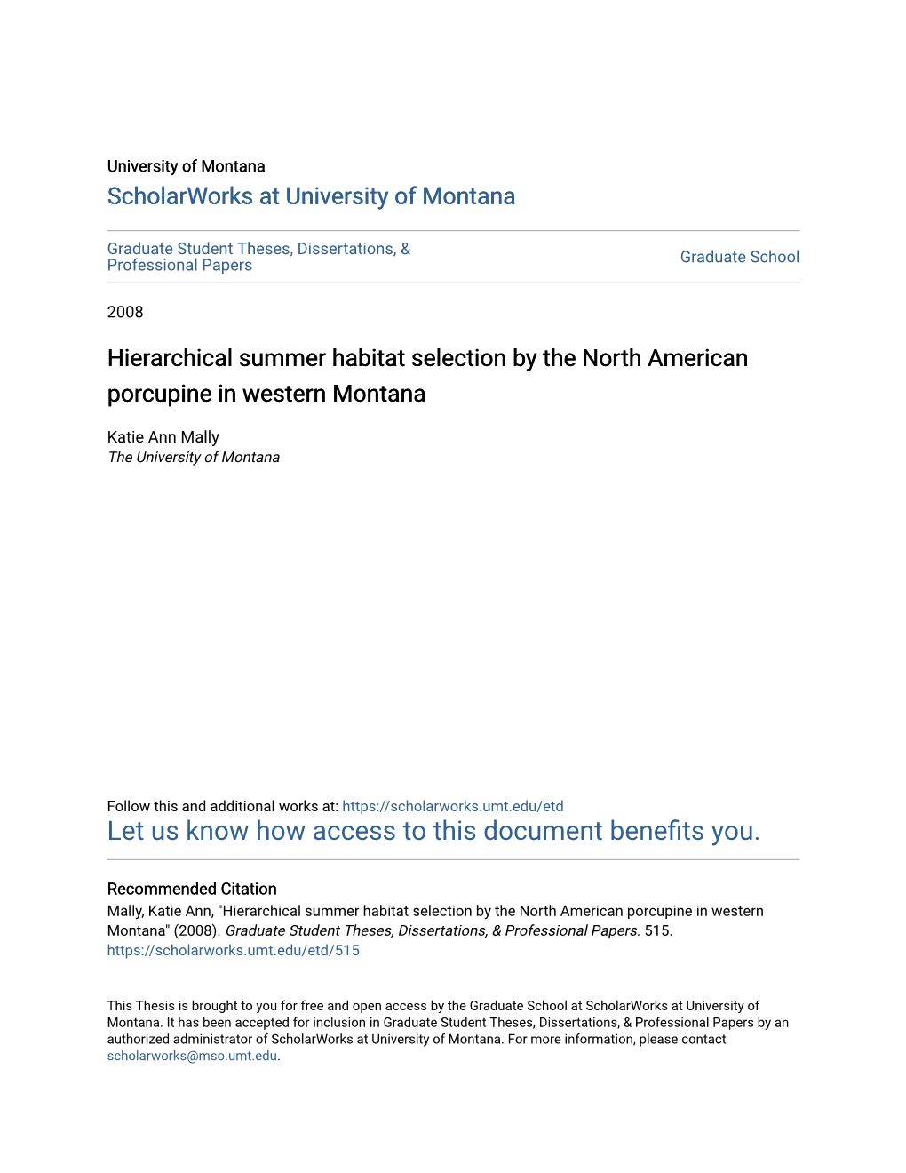 Hierarchical Summer Habitat Selection by the North American Porcupine in Western Montana