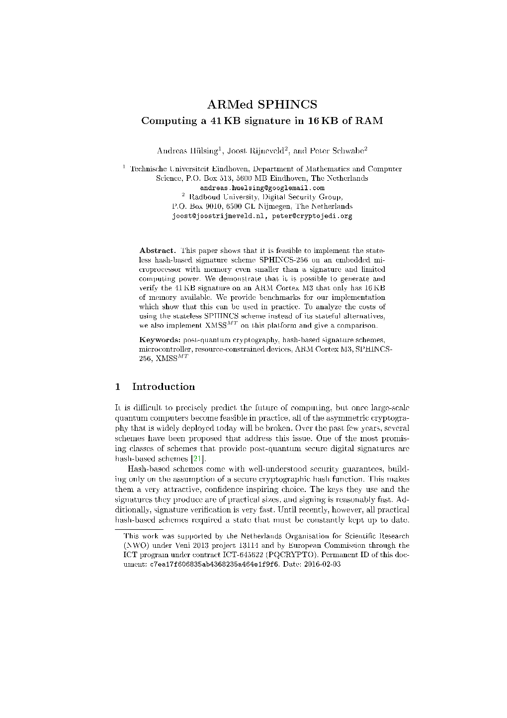 Armed SPHINCS Computing a 41 KB Signature in 16 KB of RAM