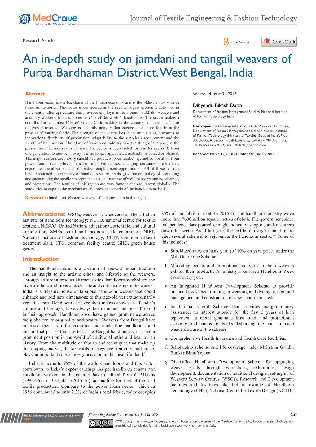 An In-Depth Study on Jamdani and Tangail Weavers of Purba Bardhaman District, West Bengal, India