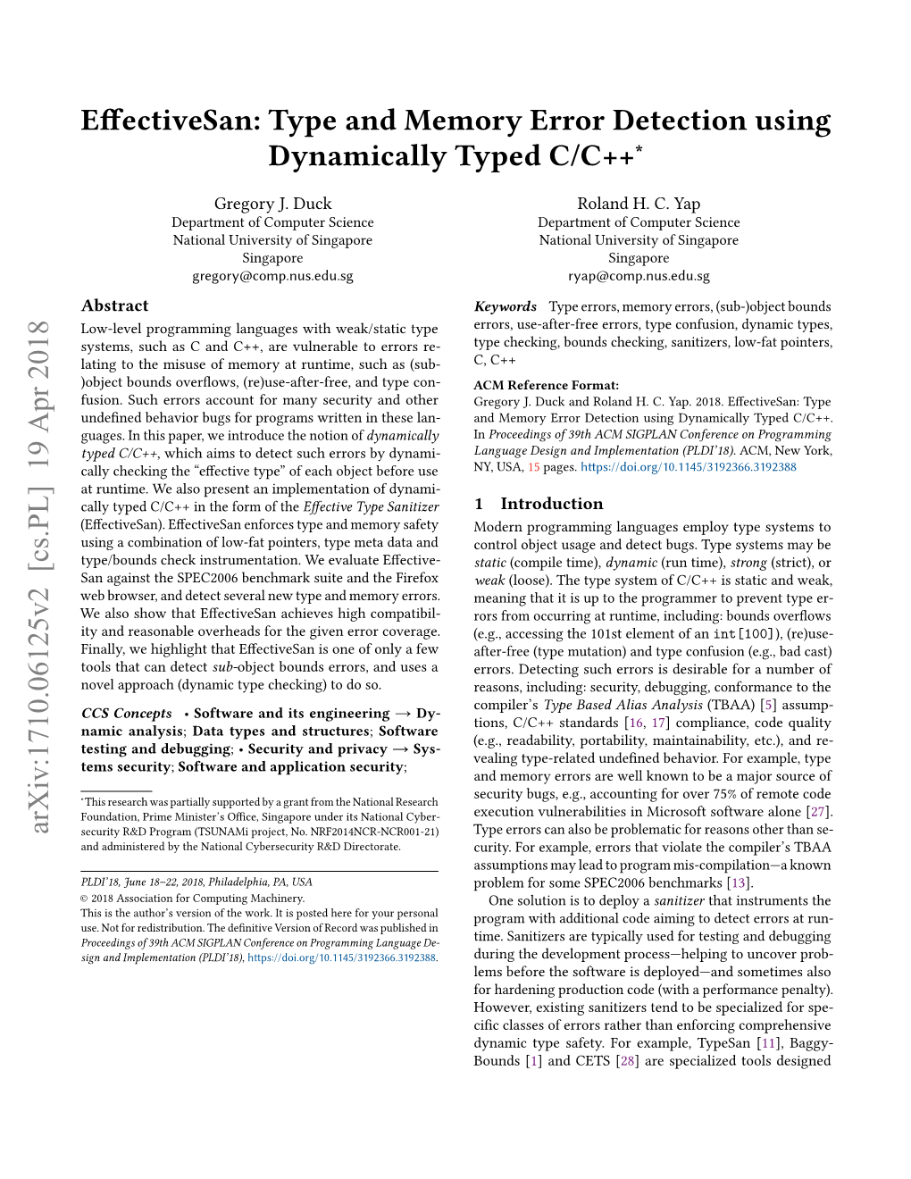 Effectivesan: Type and Memory Error Detection Using Dynamically Typed C/C++∗