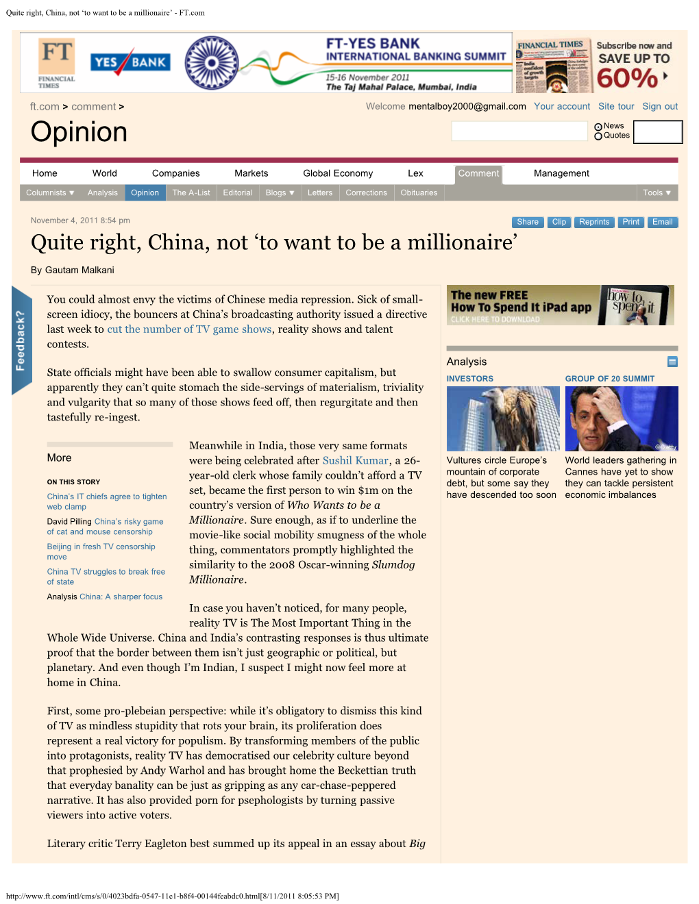 Quite Right, China, Not 'To Want to Be a Millionaire'