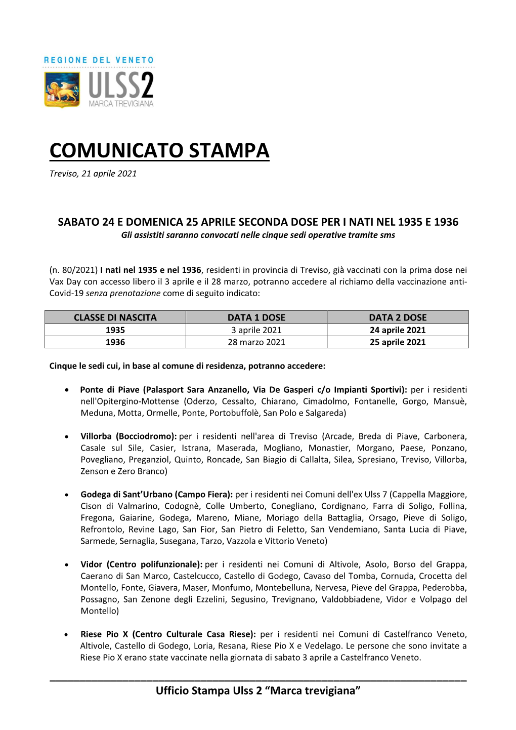 COMUNICATO STAMPA Treviso, 21 Aprile 2021