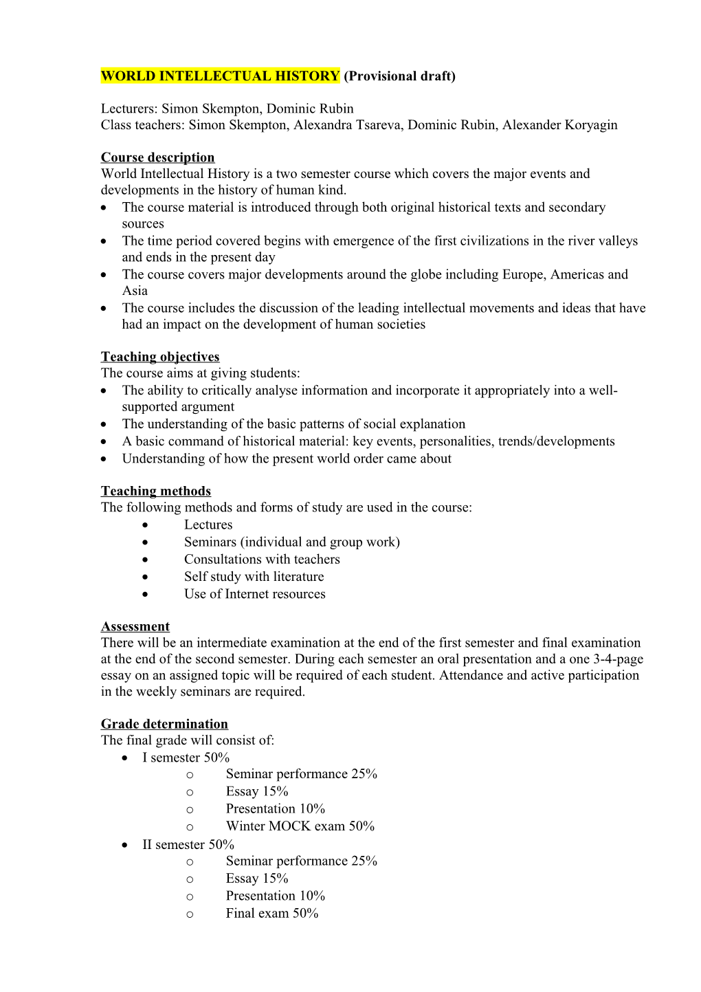 World History Syllabus Provisional