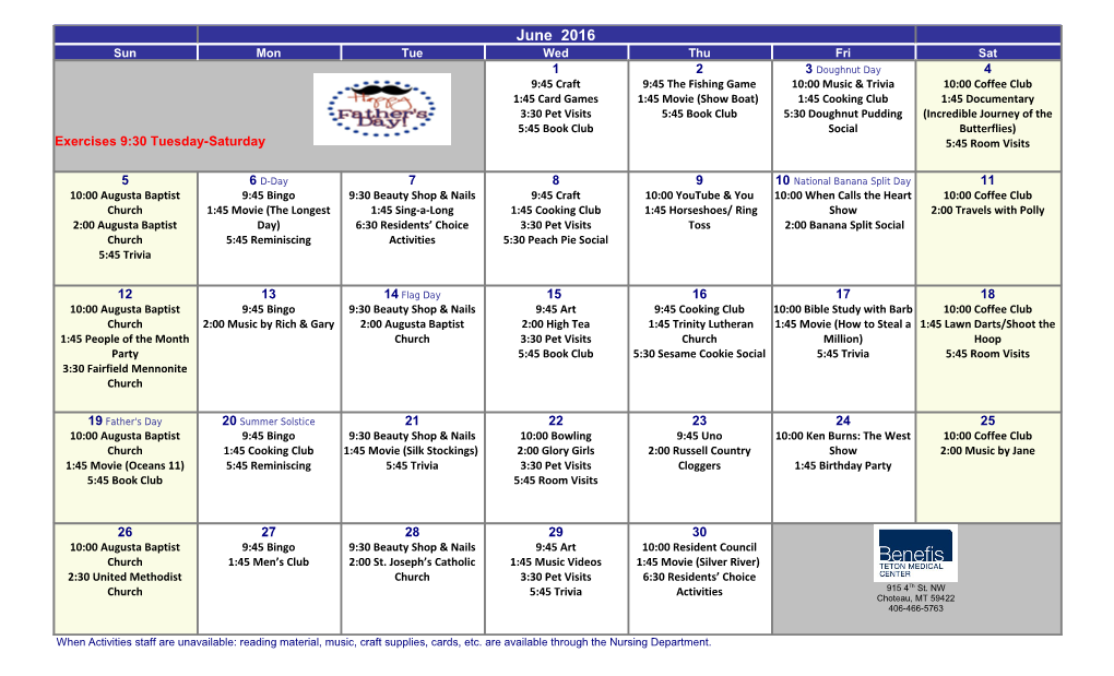 June 2016 US Calendar with Holidays