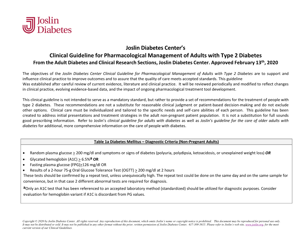 Joslin Diabetes Center's Clinical Guideline for Pharmacological