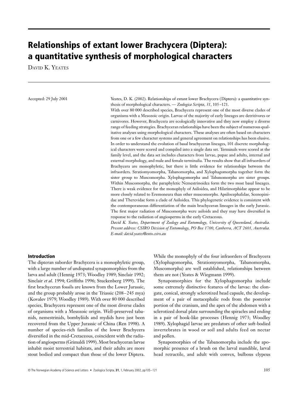 Relationships of Extant Lower Brachycera (Diptera): a Quantitative Synthesis of Morphological Characters