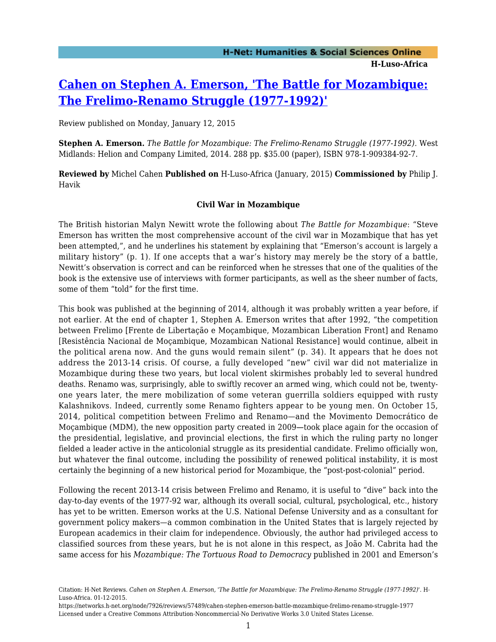 The Battle for Mozambique: the Frelimo-Renamo Struggle (1977-1992)'