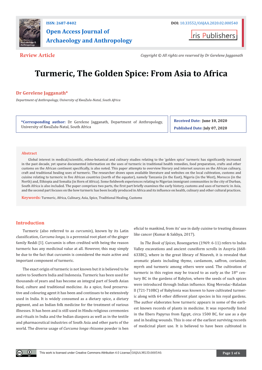 Turmeric, the Golden Spice: from Asia to Africa