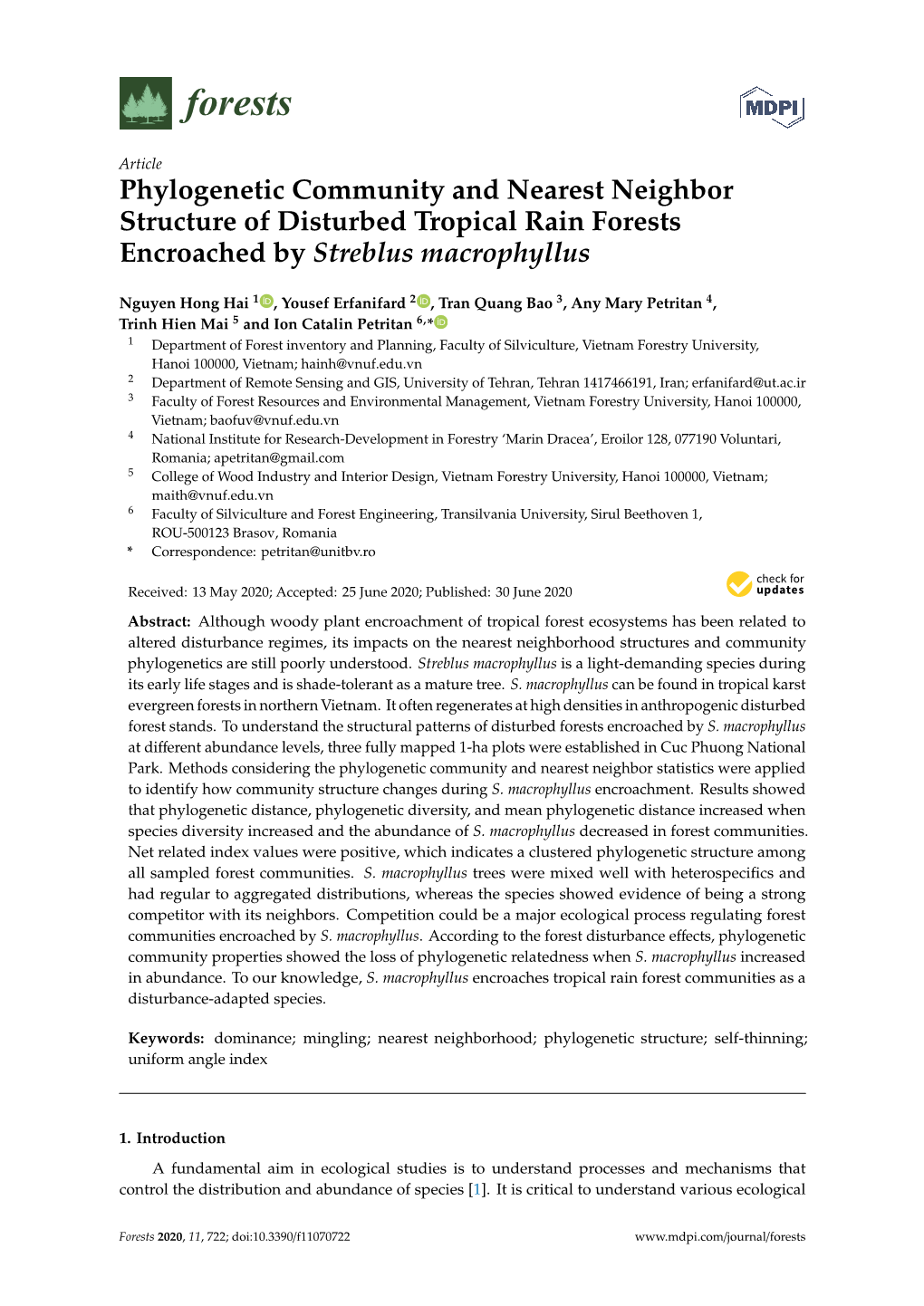 Phylogenetic Community and Nearest Neighbor Structure of Disturbed Tropical Rain Forests Encroached by Streblus Macrophyllus
