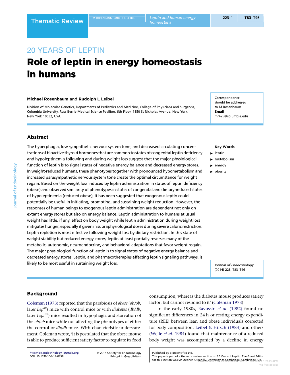 Role of Leptin in Energy Homeostasis in Humans