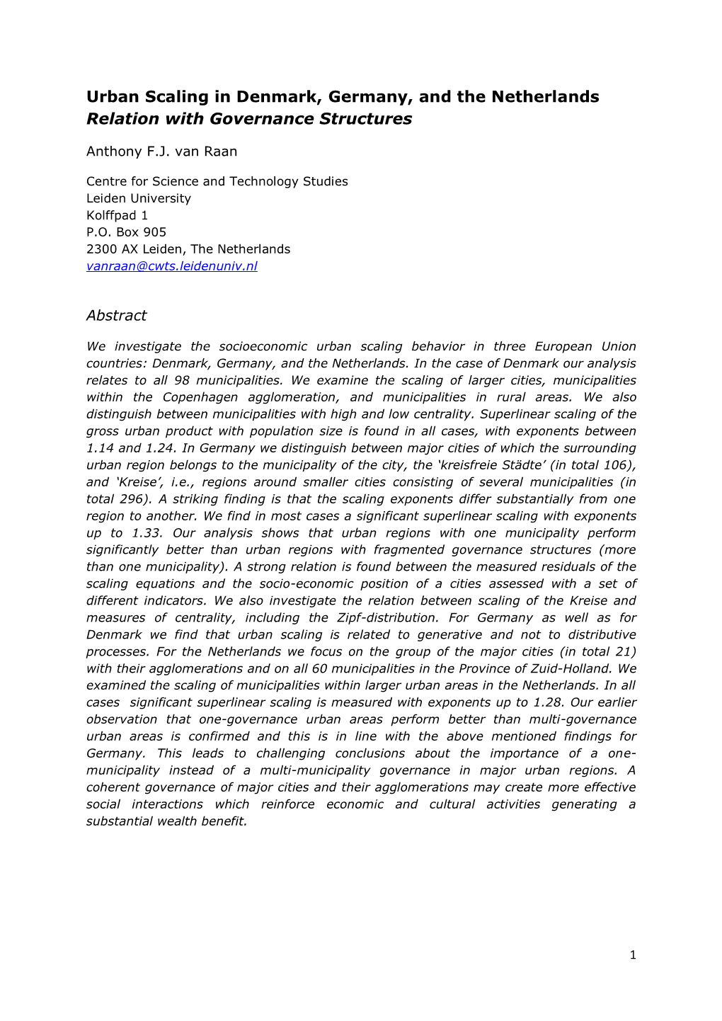 Urban Scaling in Denmark, Germany, and the Netherlands Relation with Governance Structures