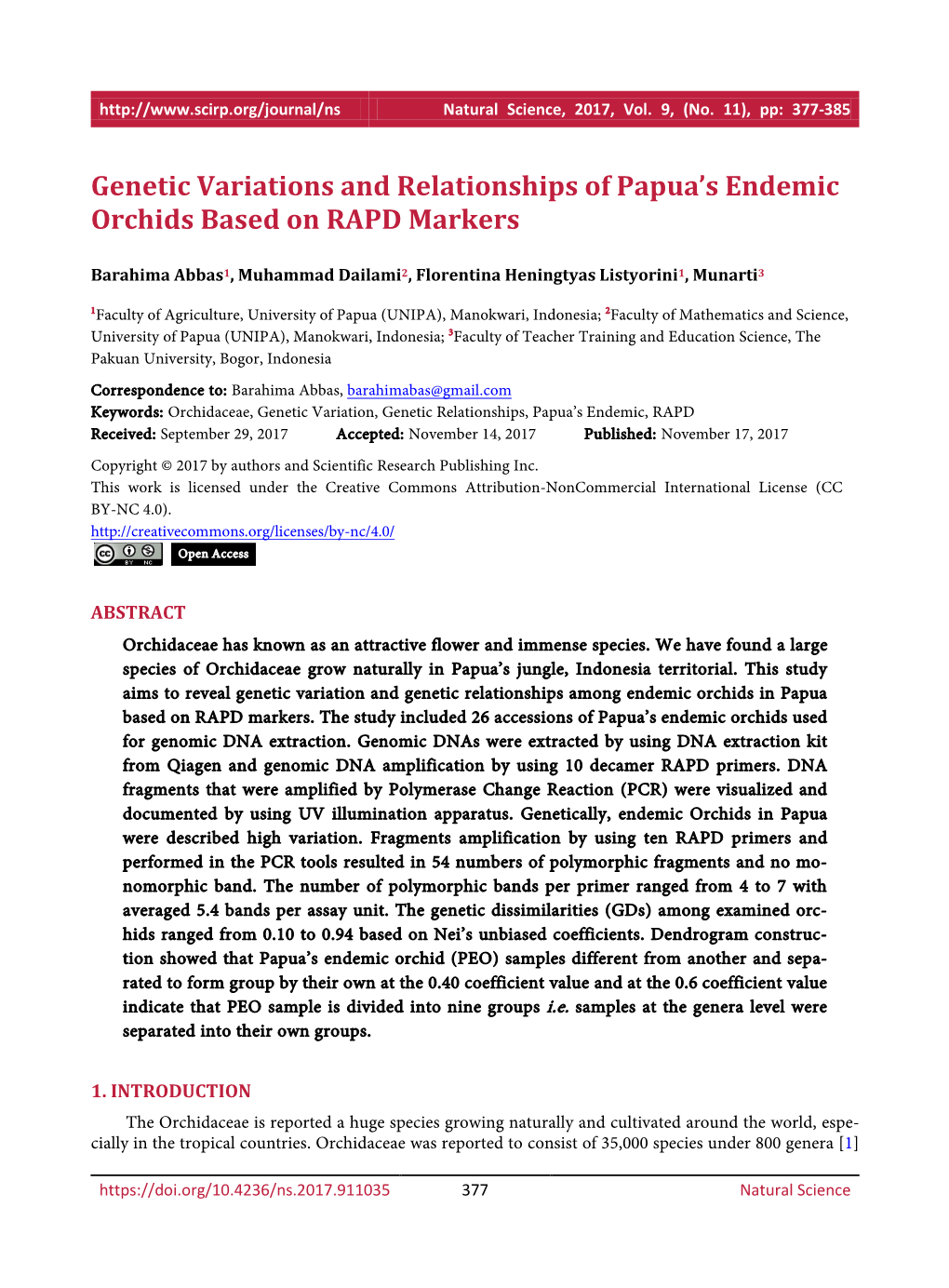 Genetic Variations and Relationships of Papua's Endemic Orchids Based