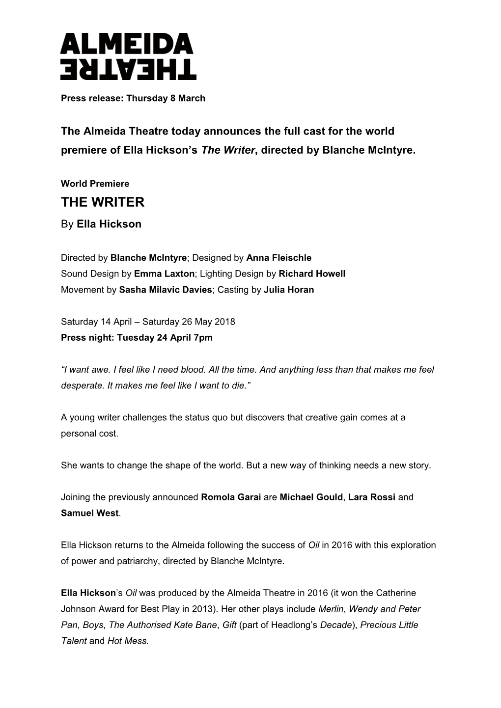 Full Cast Announced for the Writer