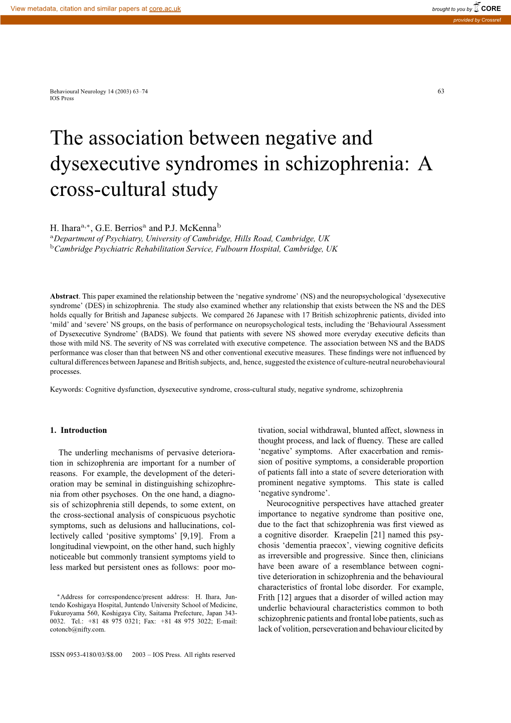 The Association Between Negative and Dysexecutive Syndromes in Schizophrenia: a Cross-Cultural Study