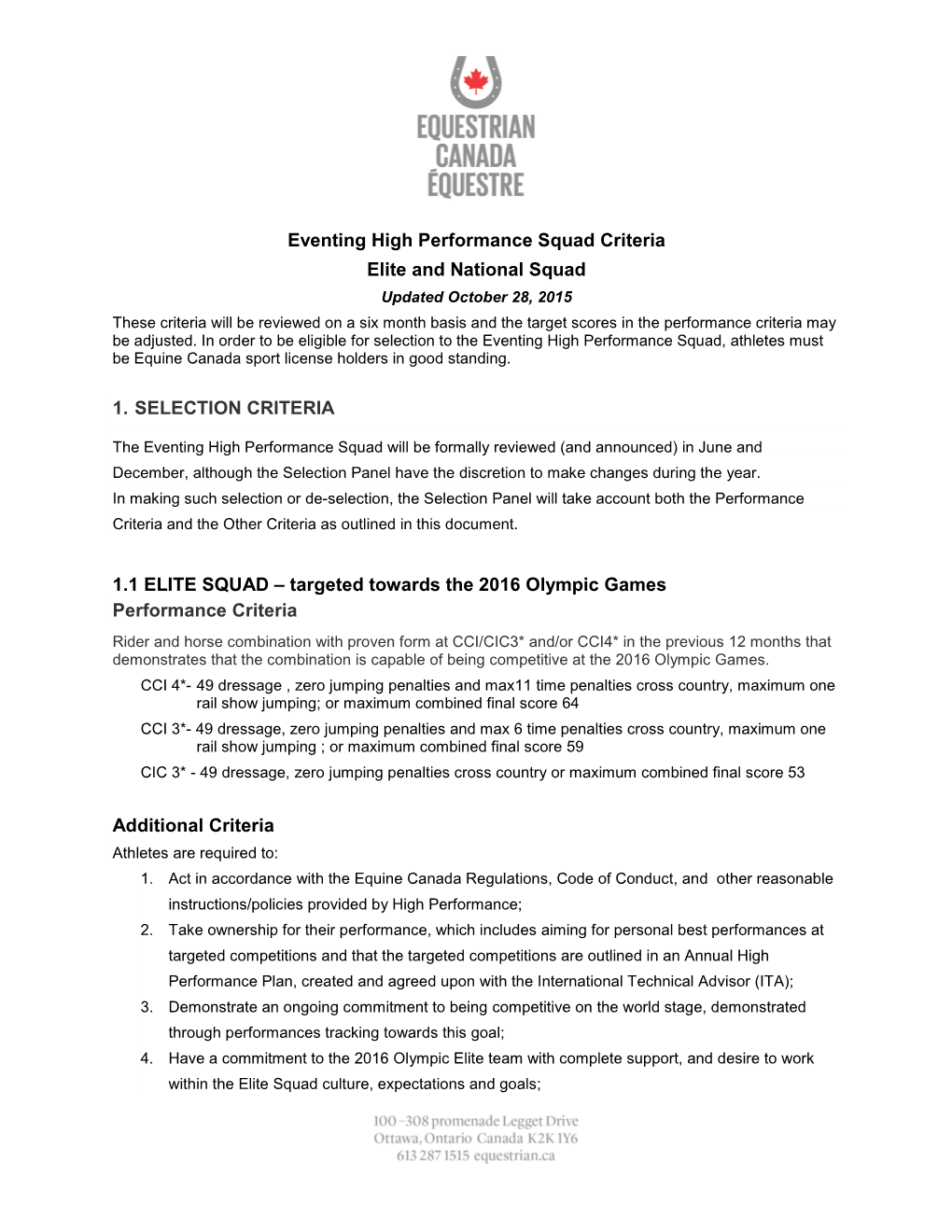 Eventing High Performance Squad Criteria Elite