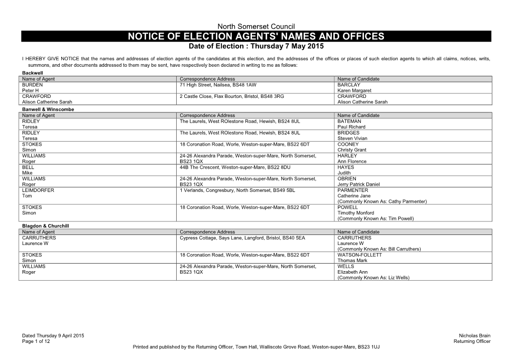 NOTICE of ELECTION AGENTS' NAMES and OFFICES Date of Election : Thursday 7 May 2015