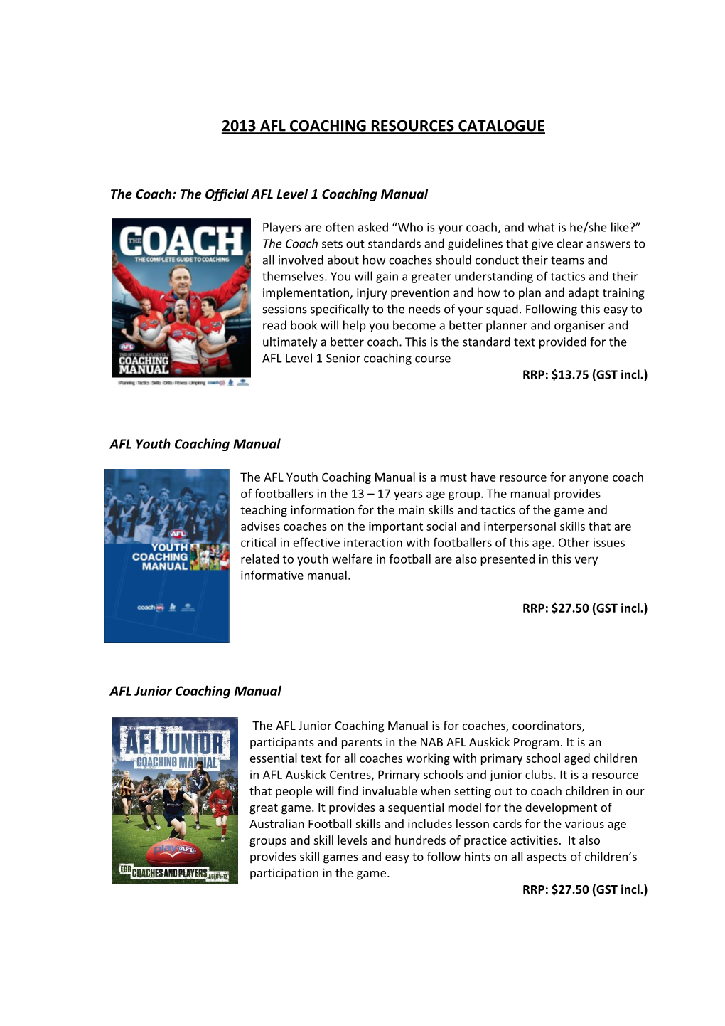 2013 Afl Coaching Resources Catalogue