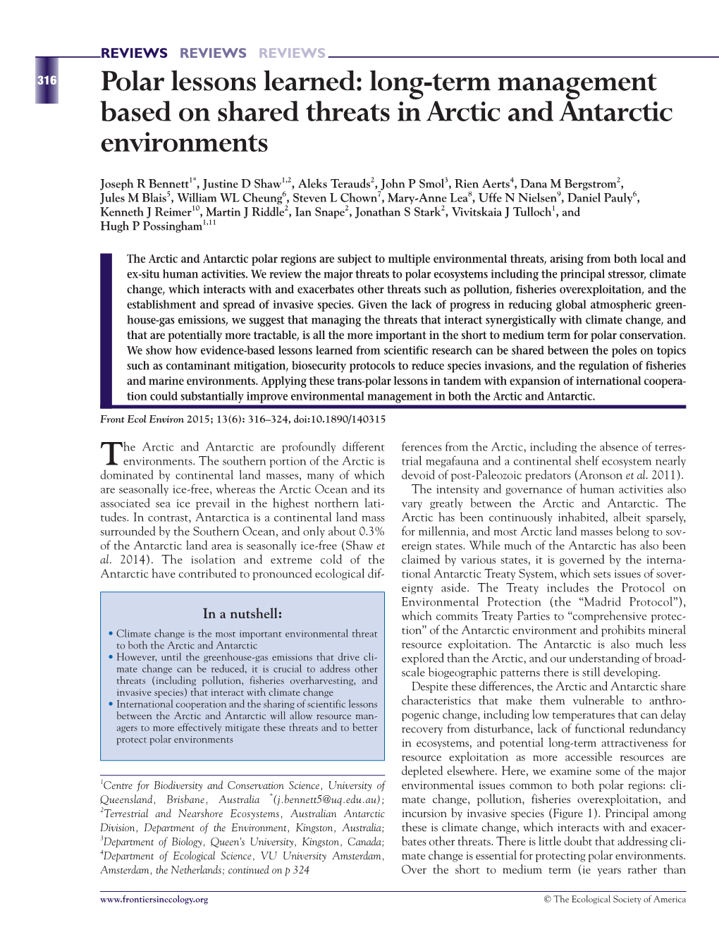 Polar Lessons Learned: Long-Term Management Based on Shared Threats in Arctic and Antarctic Environments