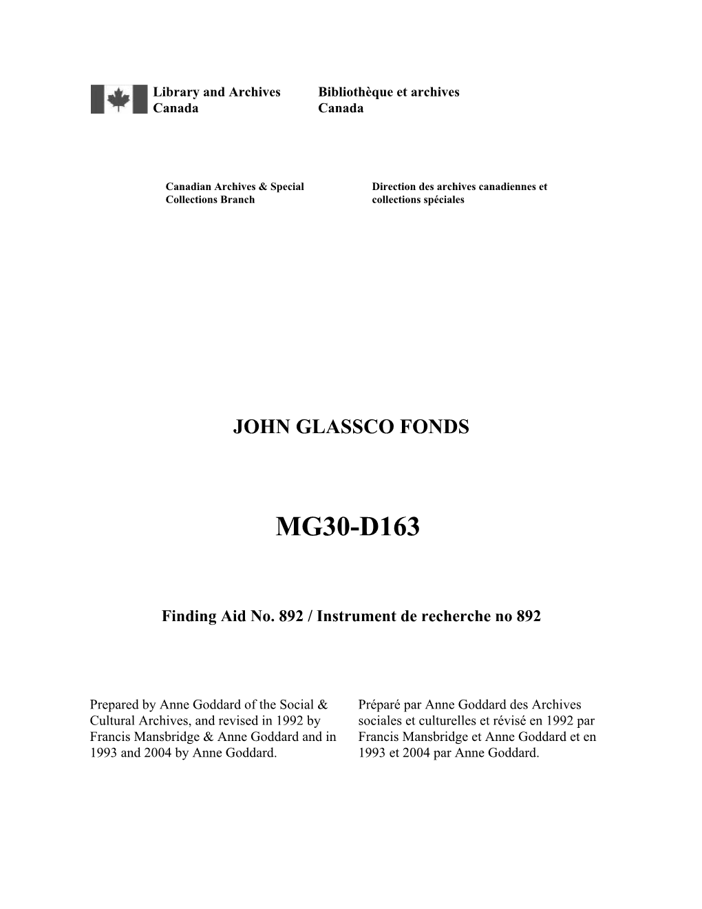 John Glassco Fonds MG30-D163 Container File File Title Date