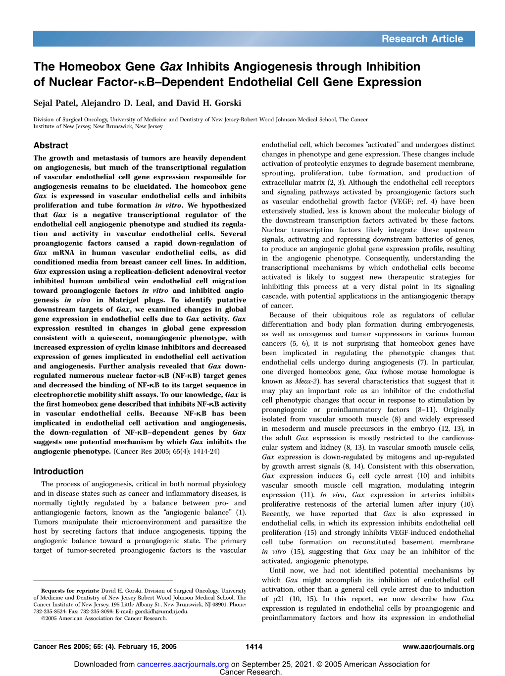 The Homeobox Gene Gax Inhibits Angiogenesis Through Inhibition of Nuclear Factor-Kkb–Dependent Endothelial Cell Gene Expression