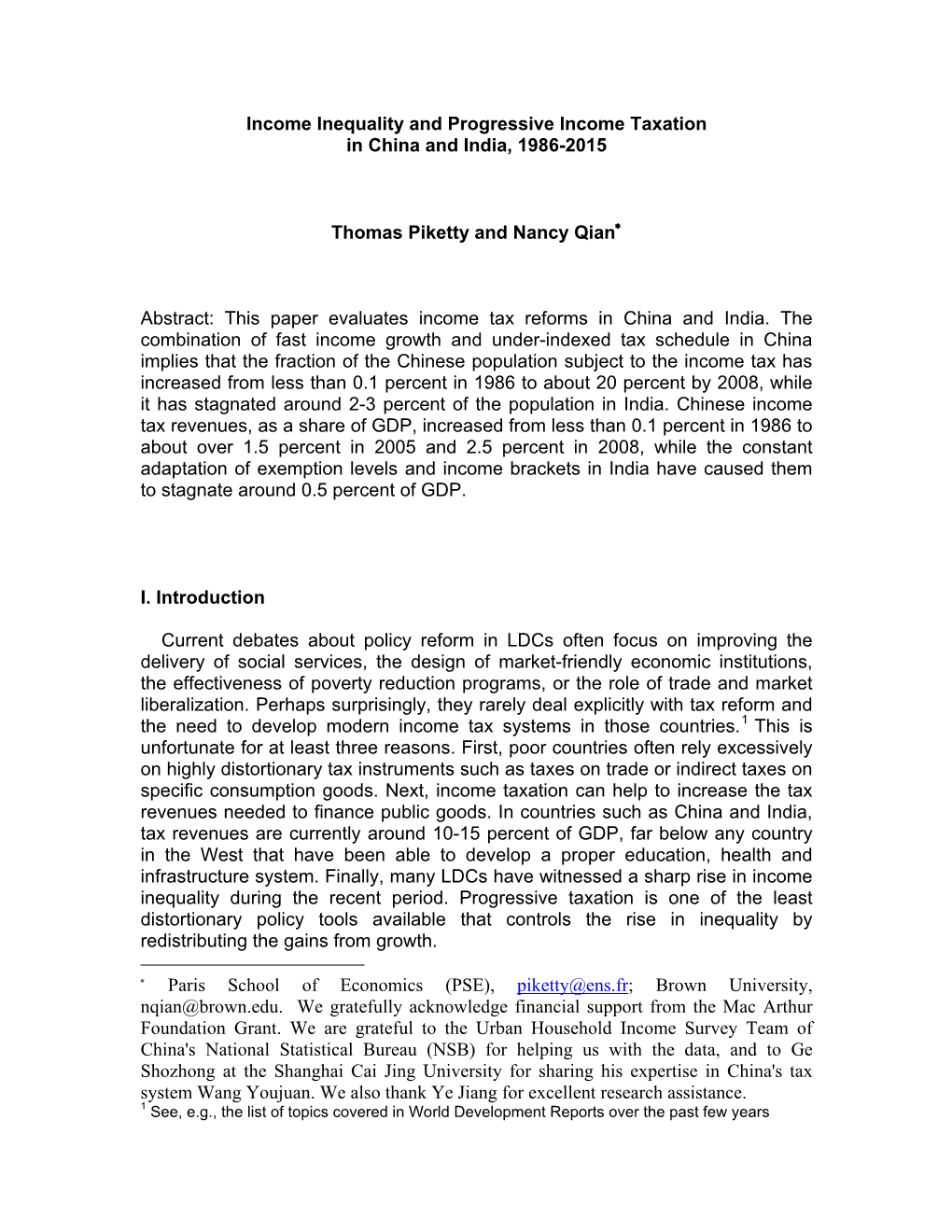 Income Inequality and Progressive Income Taxation in China and India, 1986-2015