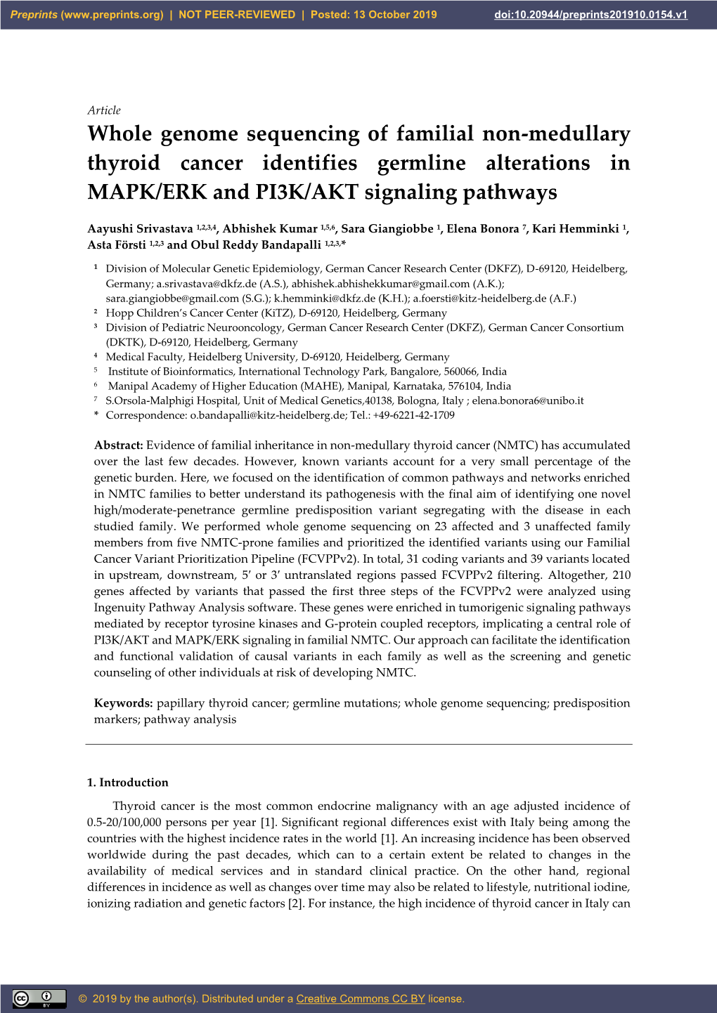 Whole Genome Sequencing of Familial Non-Medullary Thyroid Cancer Identifies Germline Alterations in MAPK/ERK and PI3K/AKT Signaling Pathways