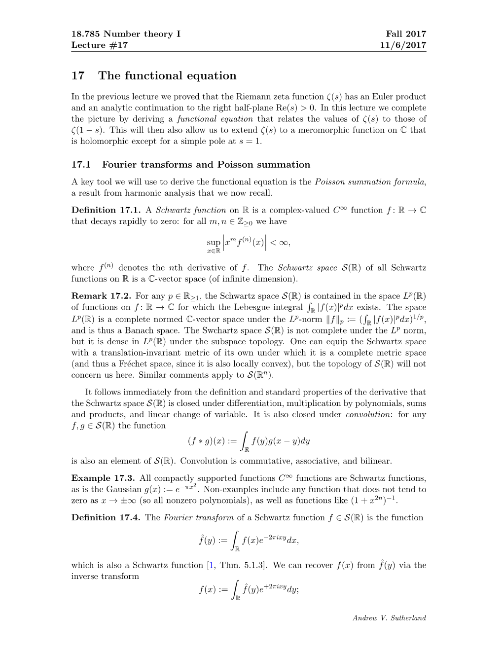 18.785F17 Number Theory I Lecture 17 Notes: the Functional Equation