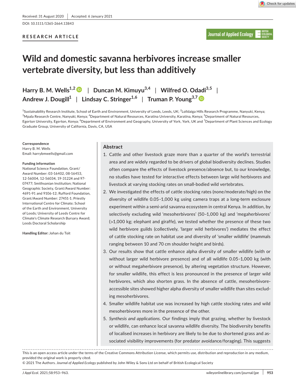 Wild and Domestic Savanna Herbivores Increase Smaller Vertebrate Diversity, but Less Than Additively