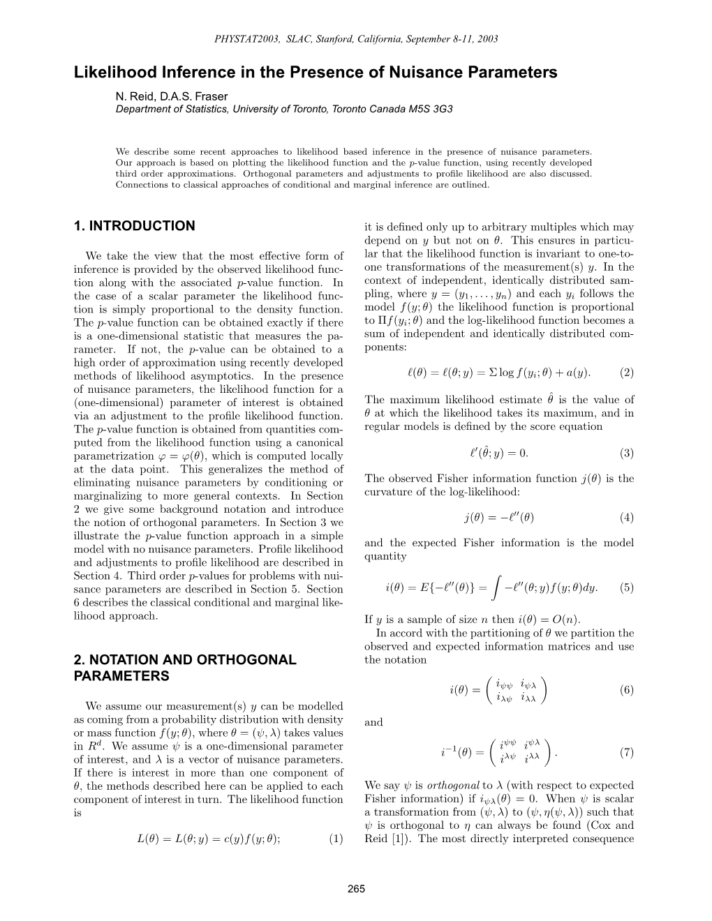 Likelihood Inference in the Presence of Nuisance Parameters N