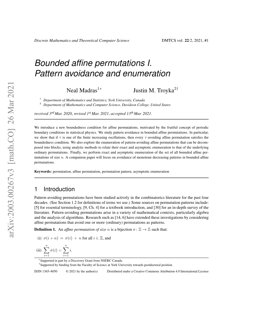 Bounded Affine Permutations I. Pattern Avoidance and Enumeration Arxiv