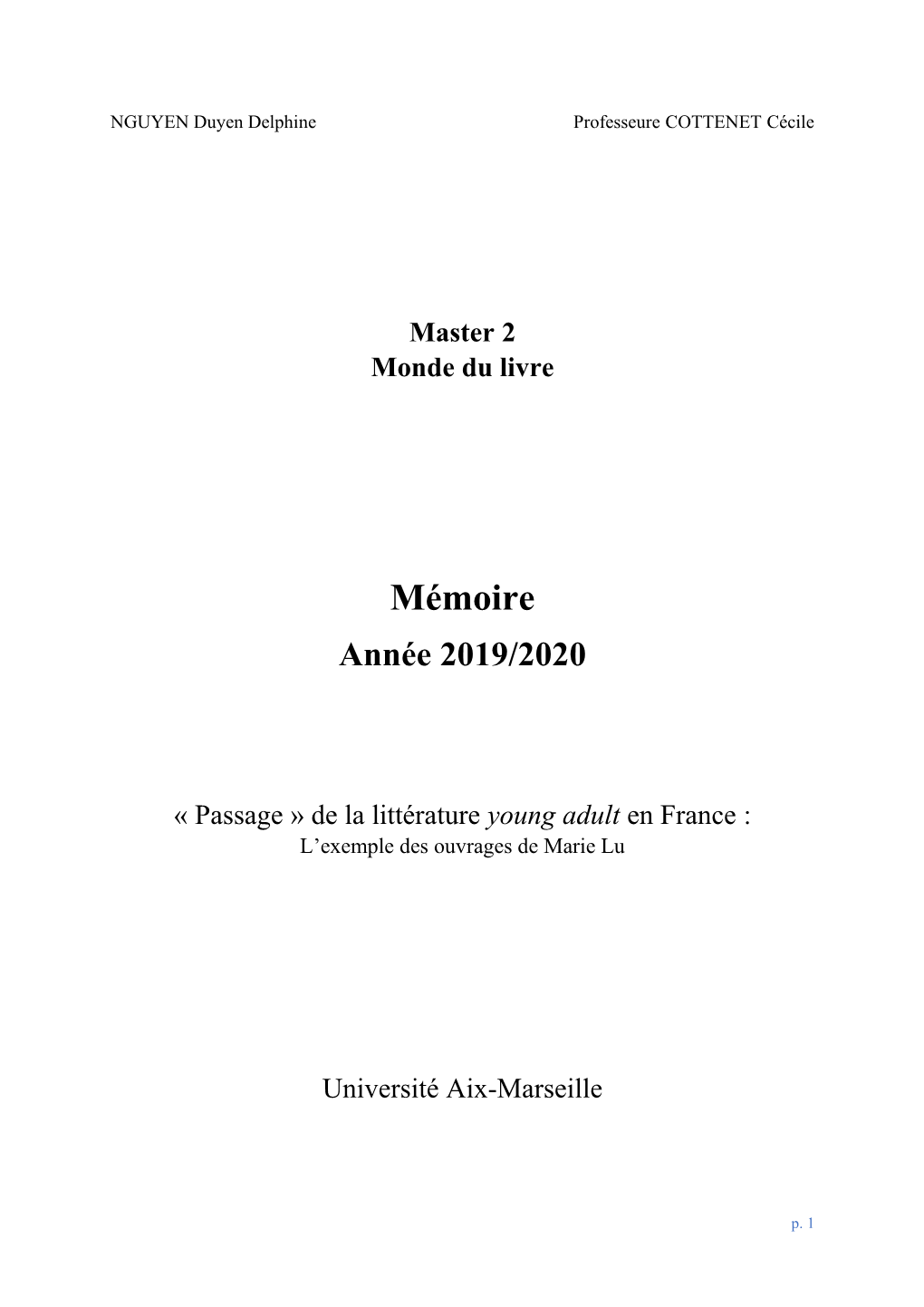 Mémoire : Le « Passage » De La Littérature Young