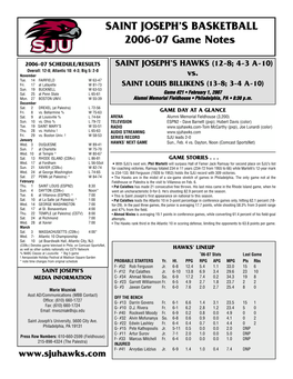SAINT JOSEPH's BASKETBALL 2006-07 Game Notes