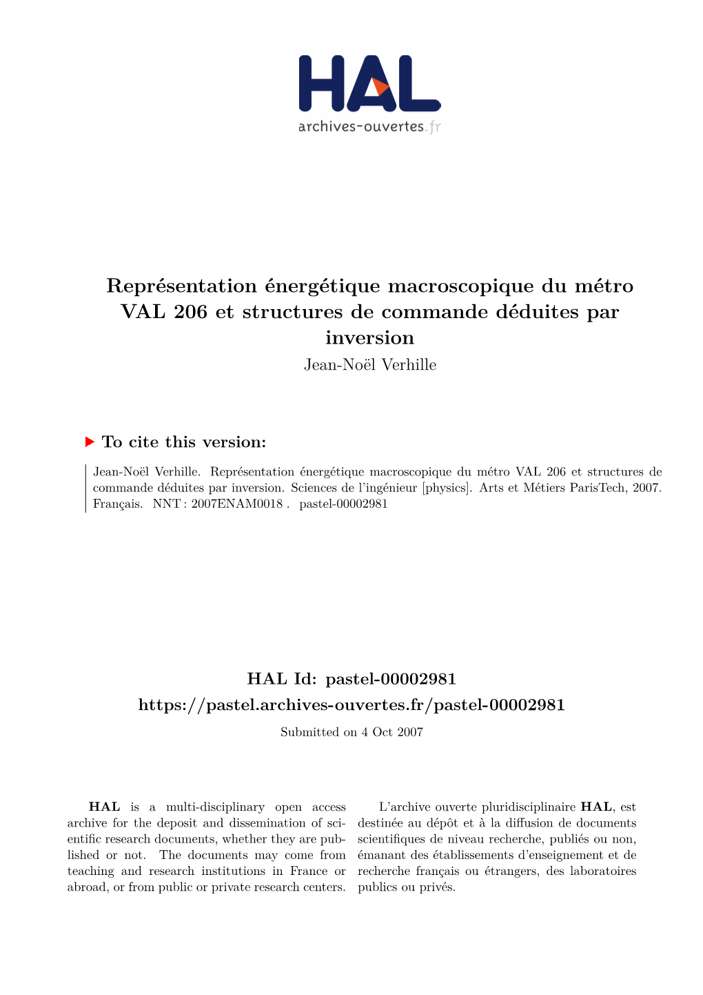 Représentation Énergétique Macroscopique Du Métro VAL 206 Et Structures De Commande Déduites Par Inversion Jean-Noël Verhille