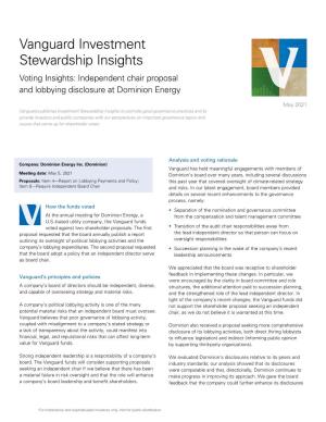 Vanguard Investment Stewardship Insights Voting Insights: Independent Chair Proposal and Lobbying Disclosure at Dominion Energy