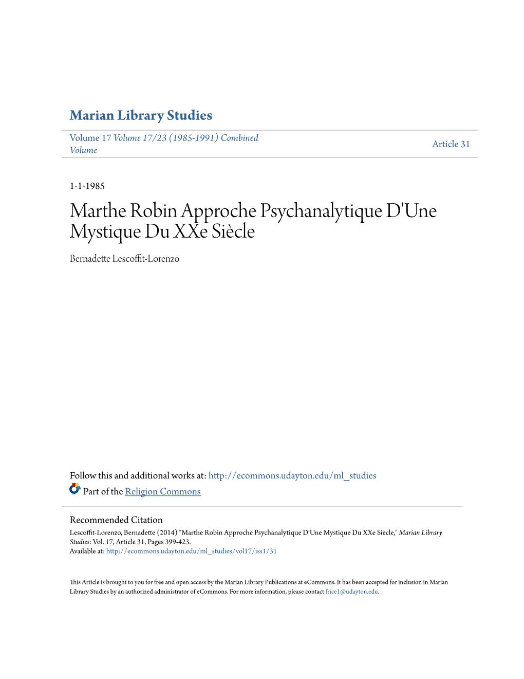 Marthe Robin Approche Psychanalytique D'une Mystique Du Xxe Siècle Bernadette Lescoffit-Lorenzo