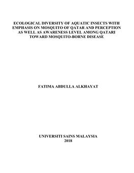 Ecological Diversity of Aquatic Insects with Emphasis on Mosquito of Qatar and Perception As Well As Awareness Level Among Qatari Toward Mosquito-Borne Disease