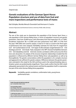 Genetic Evaluations of the German Sport Horse: Population Structure and Use of Data from Foal and Mare Inspections and Performance Tests of Mares