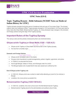 UPSC Notes [GS-I] Topic: Tughlaq Dynasty