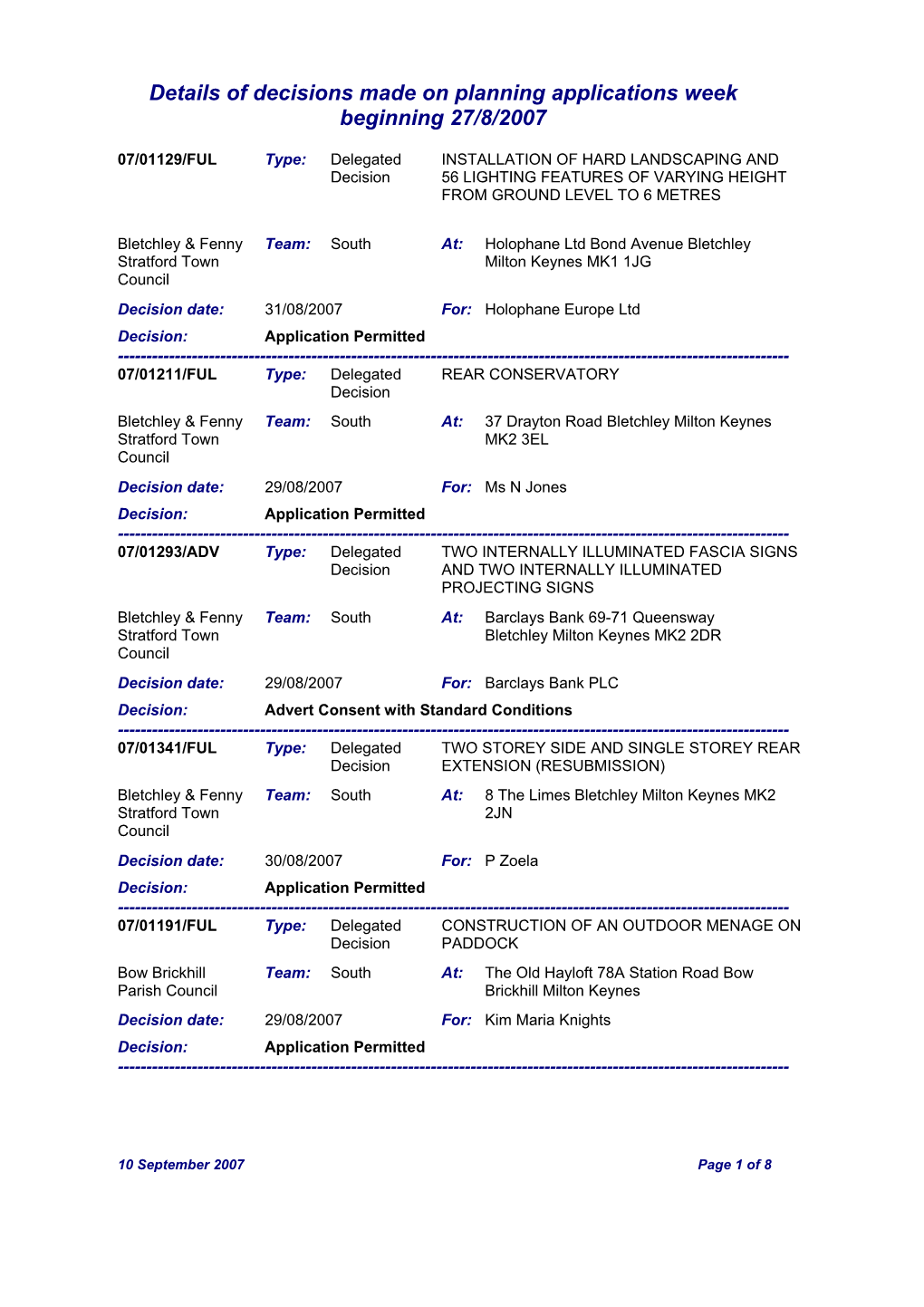 Details of Decisions Made on Planning Applications Week Beginning 27/8/2007