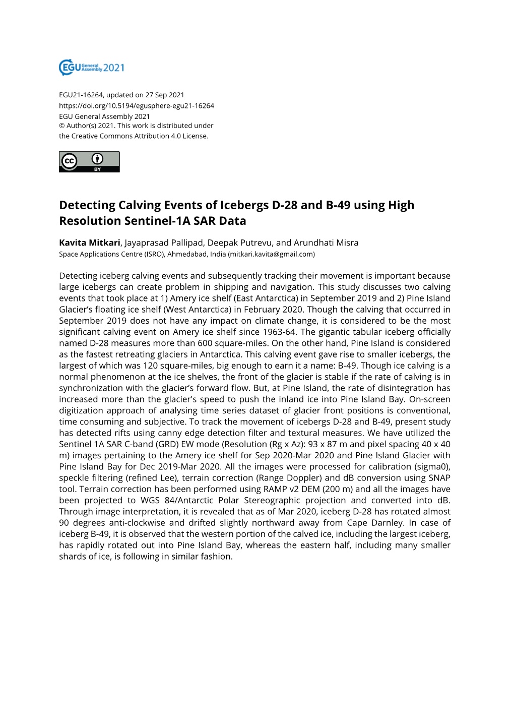 Detecting Calving Events of Icebergs D-28 and B-49 Using High Resolution Sentinel-1A SAR Data