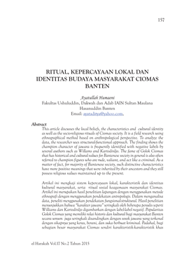 Ritual, Kepercayaan Lokal Dan Identitas Budaya Masyarakat Ciomas Banten