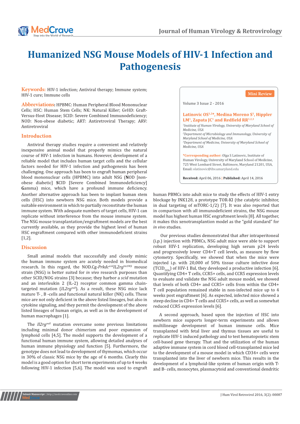 Humanized NSG Mouse Models of HIV-1 Infection and Pathogenesis