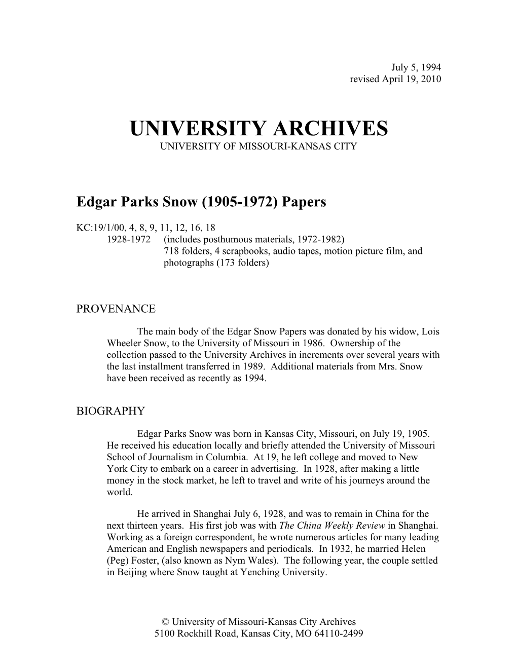 Edgar Parks Snow Collection Finding Aid (PDF)