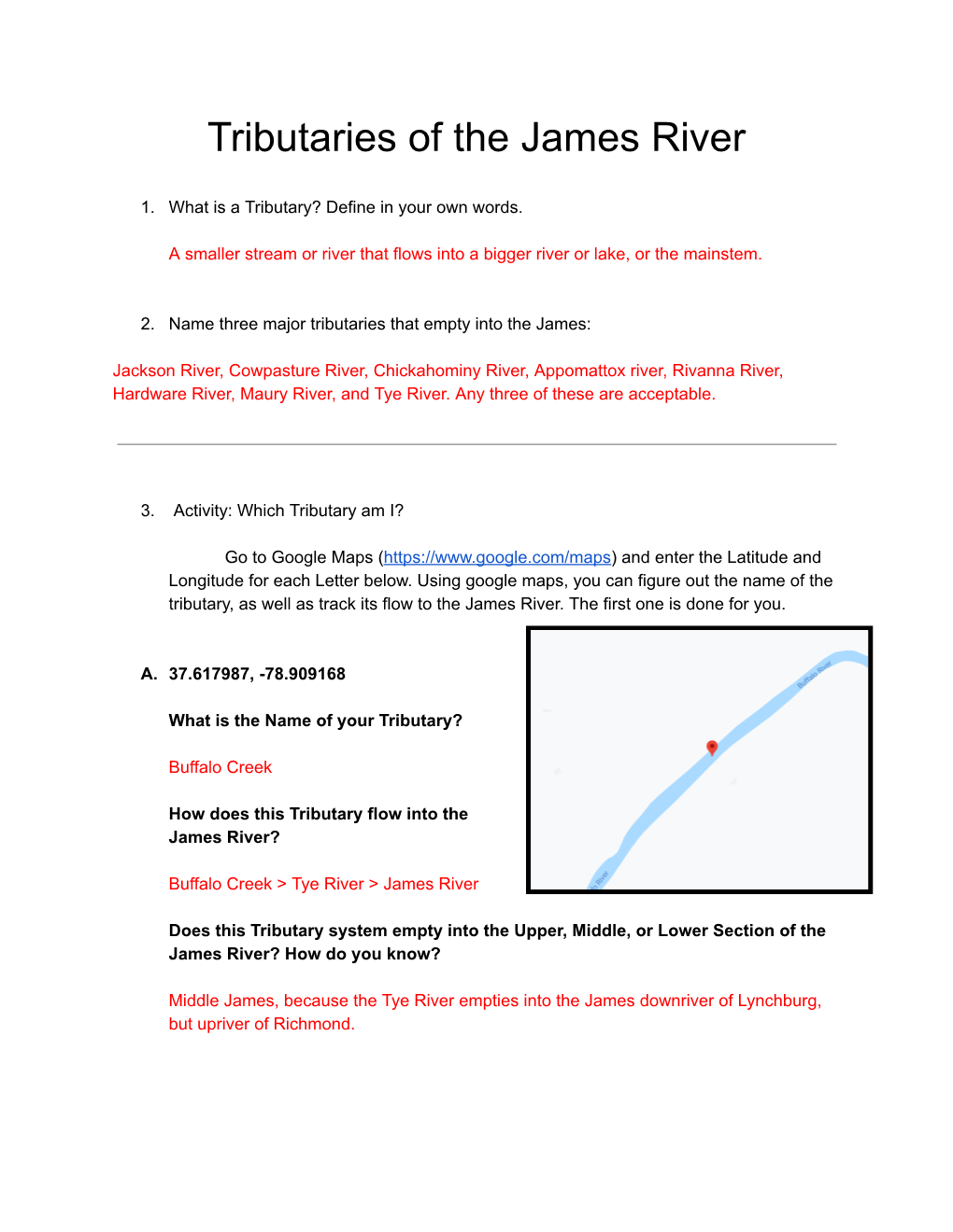 Answer Key Tributary Activity