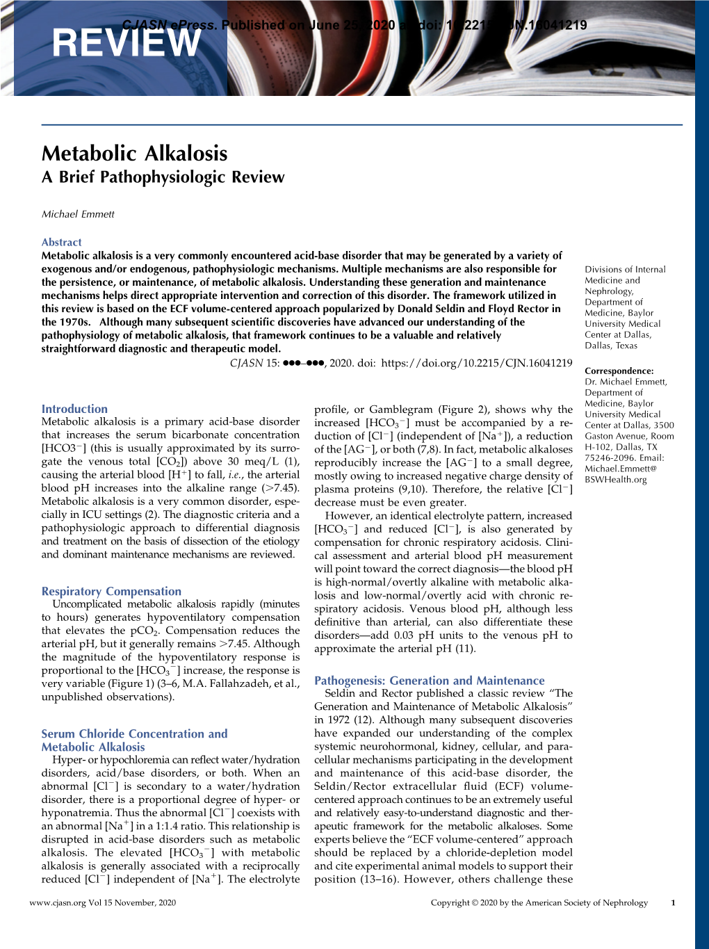 Metabolic Alkalosis a Brief Pathophysiologic Review